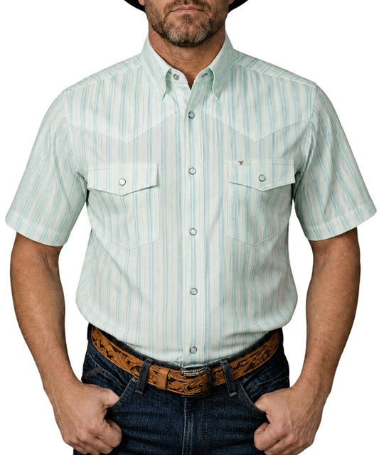 Front view of the men's green striped western pearl snap shirt featuring short sleeves, chest pockets, western yokes, and lightweight, UPF protection, breathable fabric