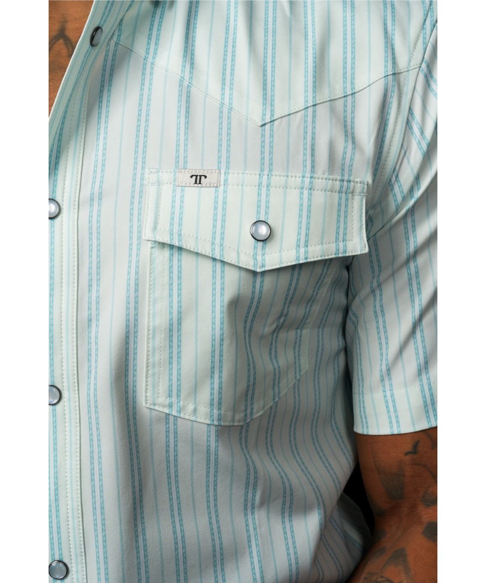 Close-up view of the green striped print