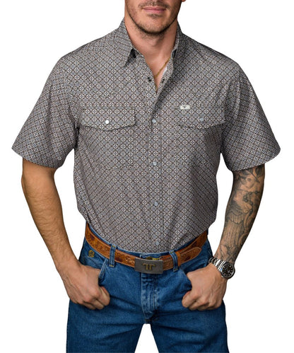 Front view of the men's cream Ferrell Brand short sleeve snap shirt featuring the geometric print, wrinkle resistance, pearl snaps, and chest pockets