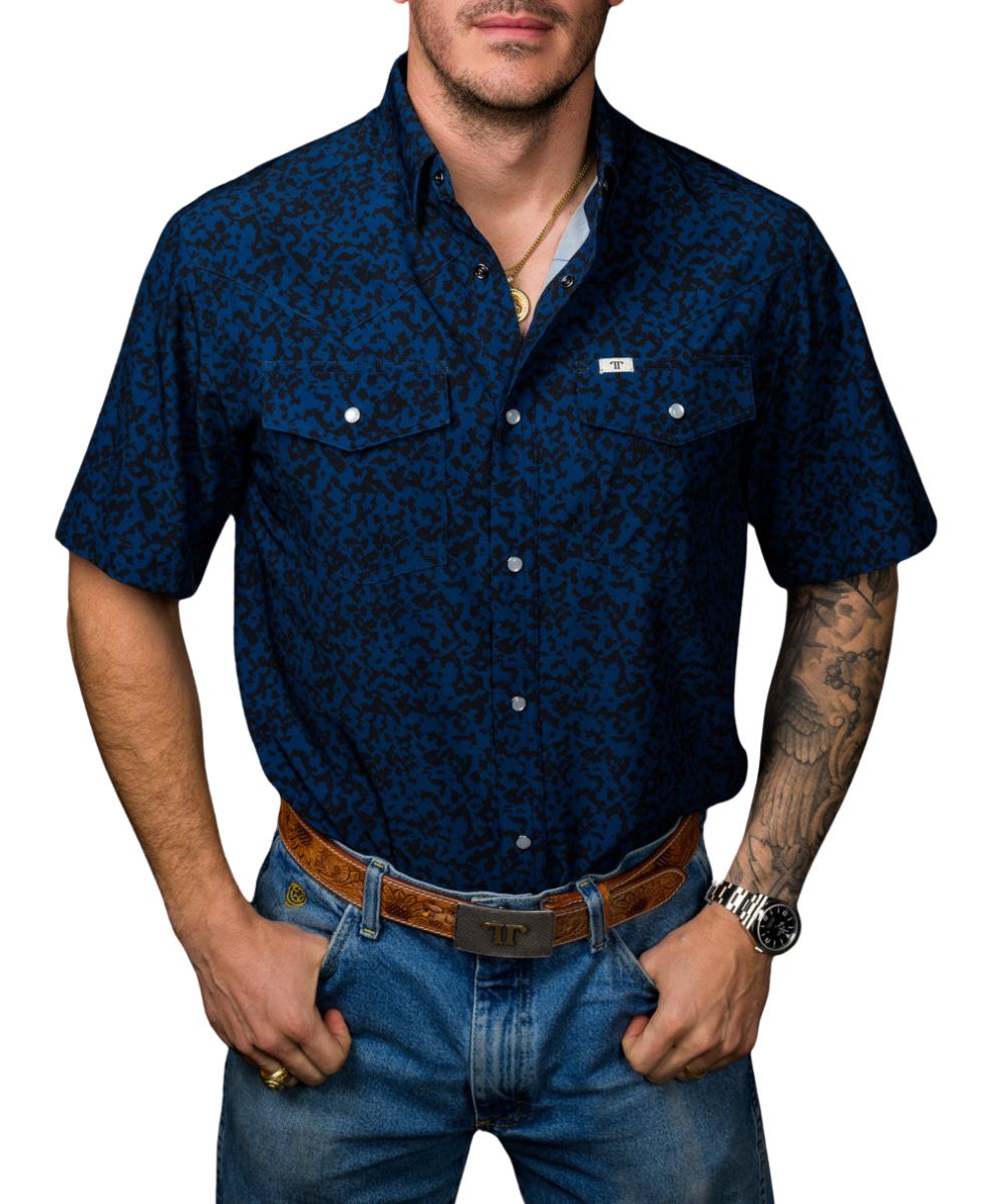 Front view of the men's royal blue Ferrell Brand short sleeve pearl snap shirt featuring the hidden snap down collar, chest pockets, and western yokes