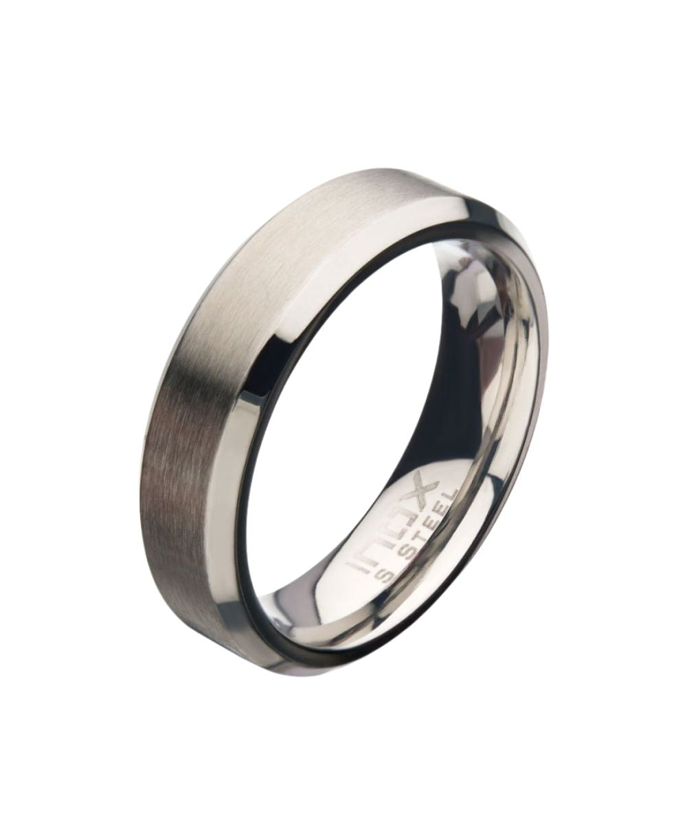 A stainless steel band ring with a brushed finish on the outer surface and a polished beveled edge, shown on a plain white background.