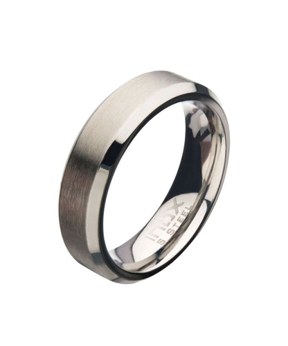 A stainless steel band ring with a brushed finish on the outer surface and a polished beveled edge, shown on a plain white background.