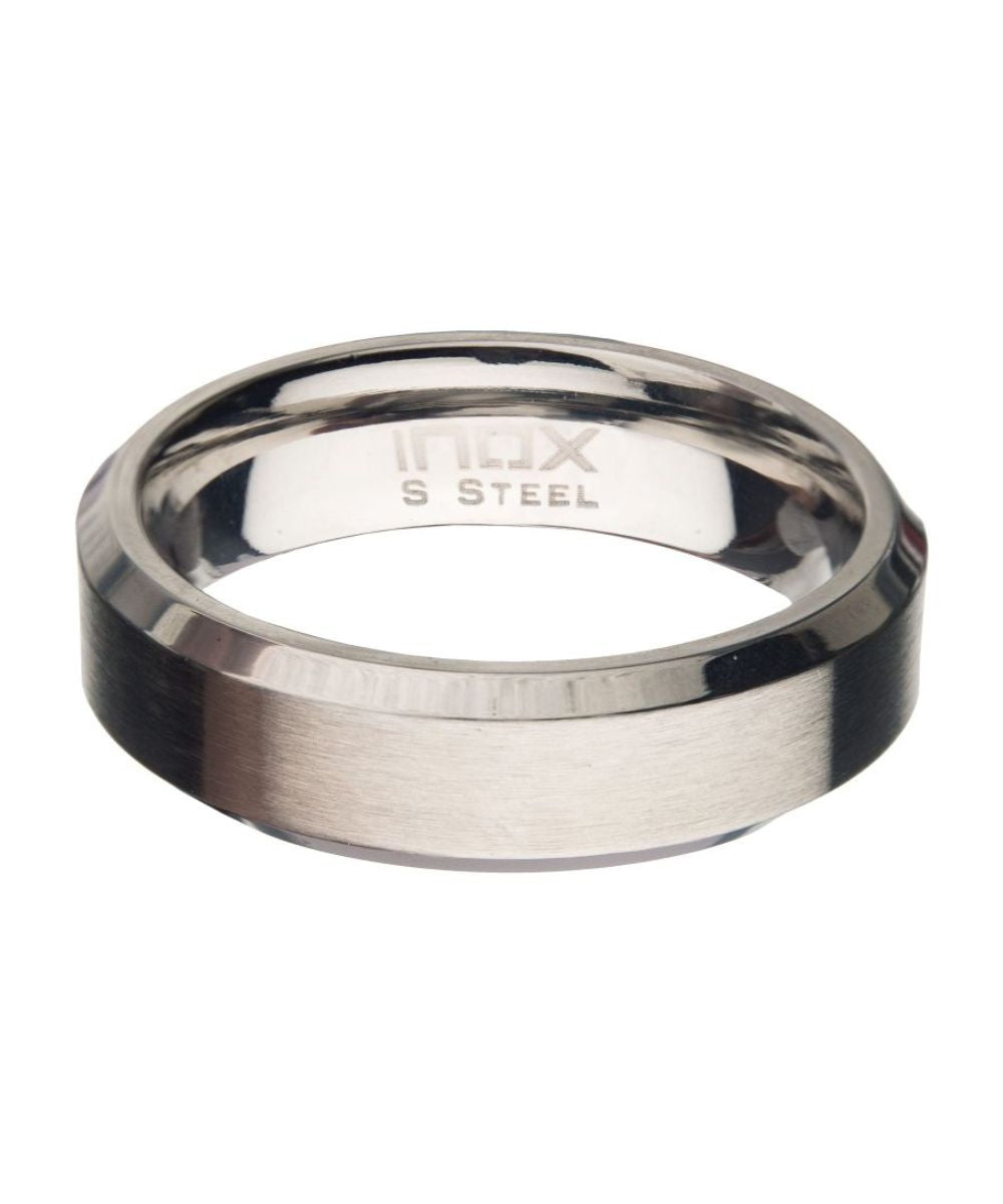 A stainless steel band ring with a brushed finish and polished beveled edges, featuring the 'inox S STEEL' engraving on the inside, shown on a white background.
