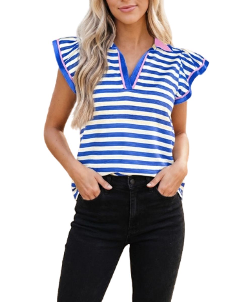 Front view of the women's ruffle sleeve striped blouse featuring a contrast spread collar and v-neckline
