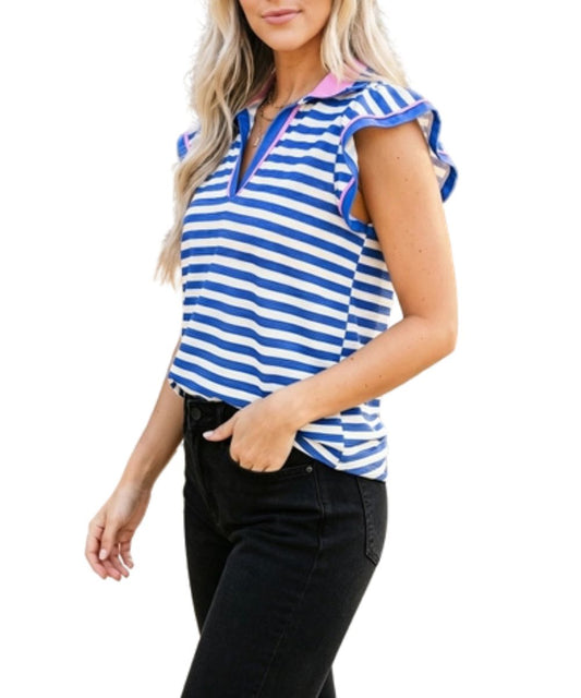 Side view of the women's blue striped blouse featuring short ruffle sleeves