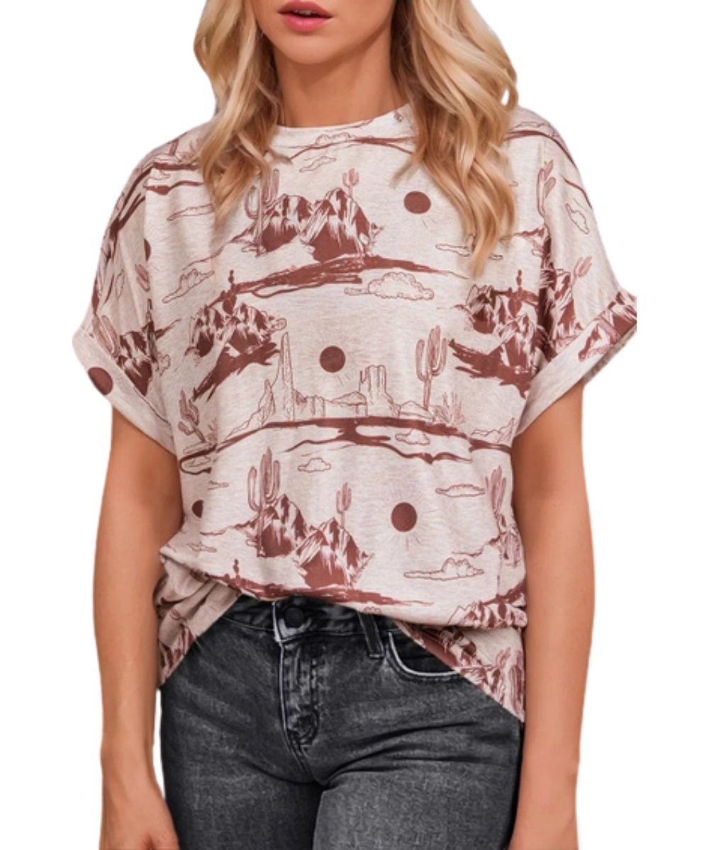 Front view of the women's beige desert sand printed tee