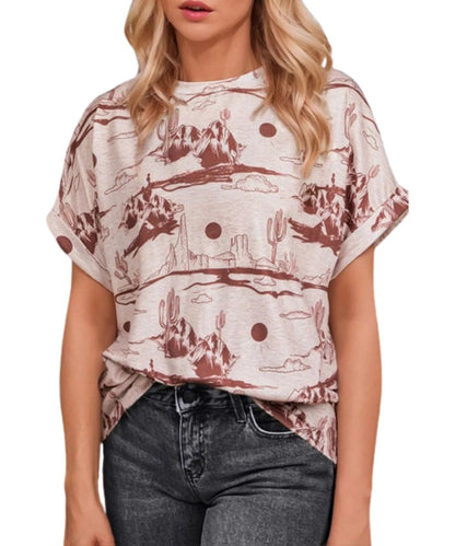 Front view of the women's beige desert sand printed tee