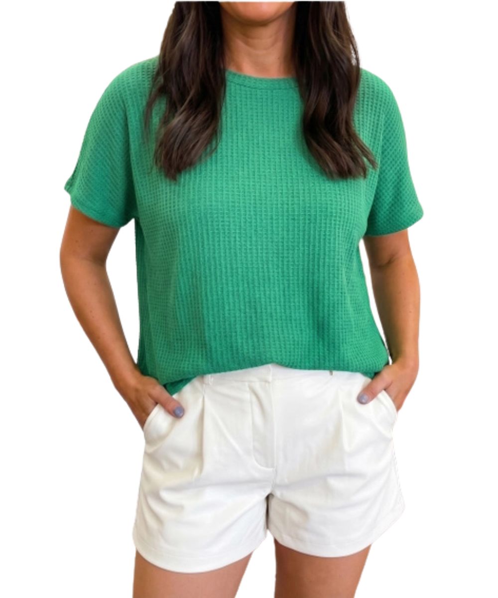 Front view of the women's sea green waffle knit top
