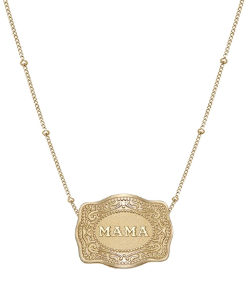 Women's Gold Mini Belt Buckle Pendant With Beaded Chain Necklace Reads: "Mama" 