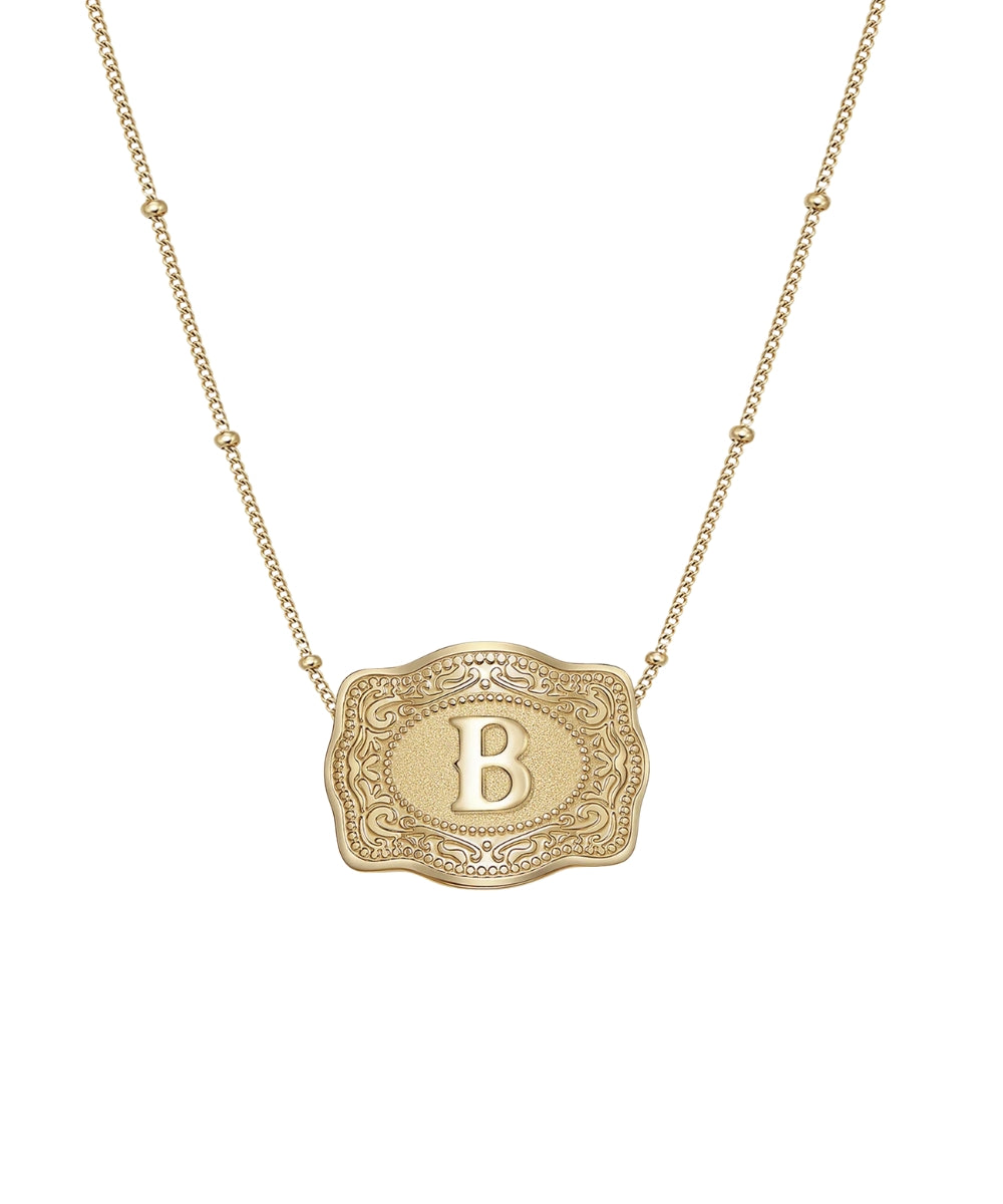 mini gold bet buckle b initial necklace on white background
