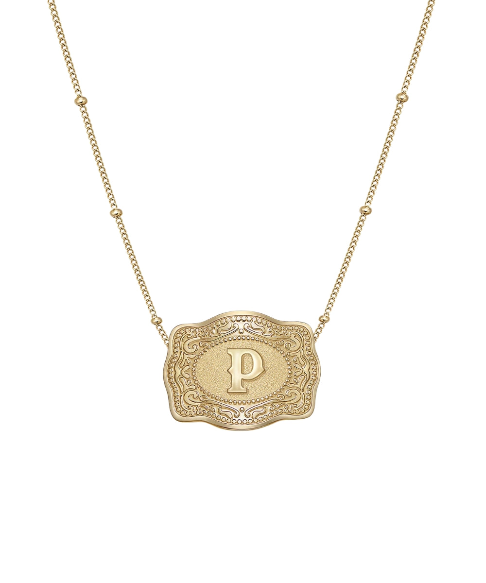 mini gold belt buckle p initial necklace on white background