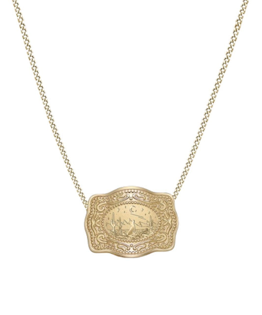 Women's Gold Necklace With Mini Belt Buckle Style Pendant And Lone Wolf Graphic Design