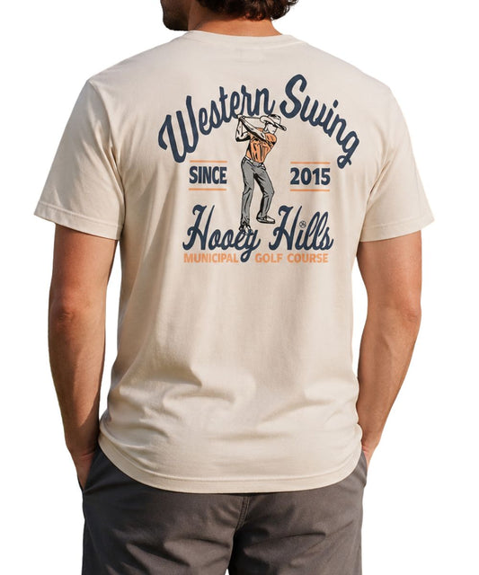 Back view of a man modeling the cream cowboy golf tee