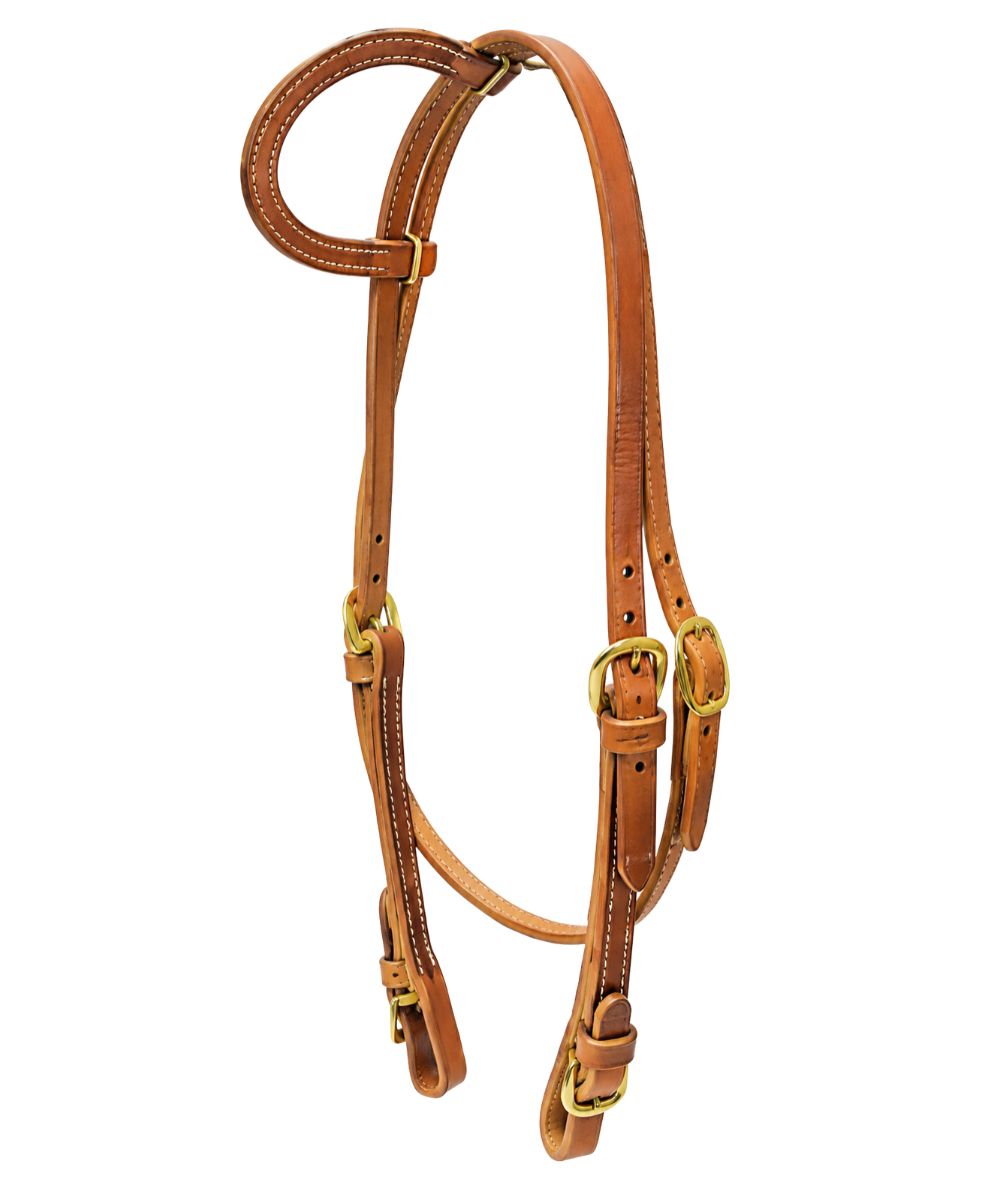 Hilltop Tack's single ear headstall with throat latch, constructed of hermann oak harness leather with solid brass hard and buckle ends