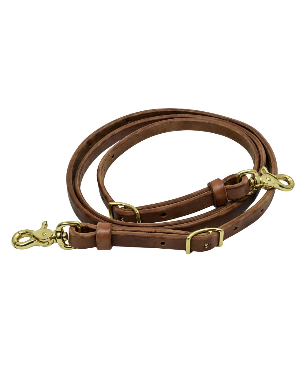 Hilltop Tack flat leather roping reins made from Hermann Oak Leather featuring the solid brass hardware and conway buckle and snaps on both ends