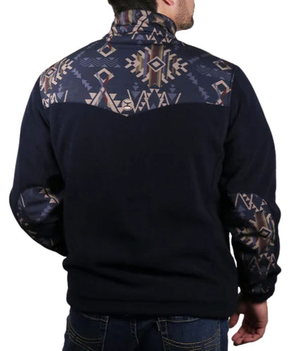 Back model view of the men's dark navy tech fleece 1/2 zip pullover featuring the elastic cuffs and adjustable drawstring waistband