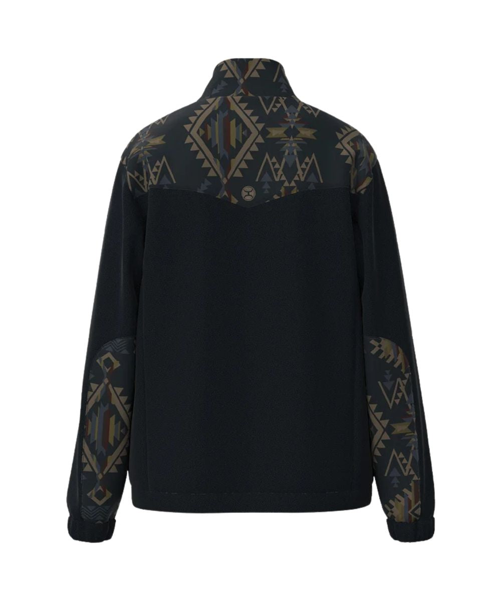 Flat back view of the men's dark navy and aztec 1/2 zip pullover jacket featuring the single point back yoke