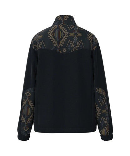Flat back view of the men's dark navy and aztec 1/2 zip pullover jacket featuring the single point back yoke