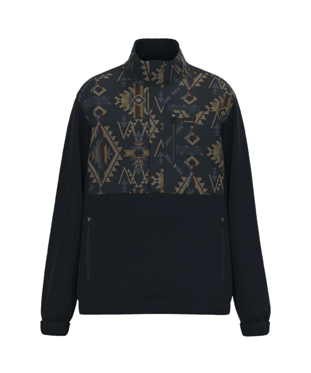 Flat view of the men's dark navy tech fleece pullover jacket featuring the 1/2 zip closure with concealed snaps, zippered hand and chest pockets, and the aztec color blocked design on the chest, collar, back, and elbows.