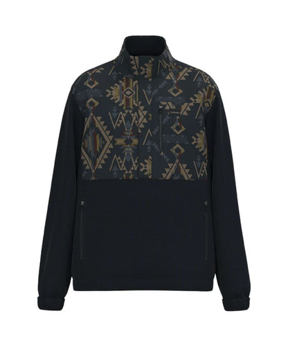 Flat view of the men's dark navy tech fleece pullover jacket featuring the 1/2 zip closure with concealed snaps, zippered hand and chest pockets, and the aztec color blocked design on the chest, collar, back, and elbows.