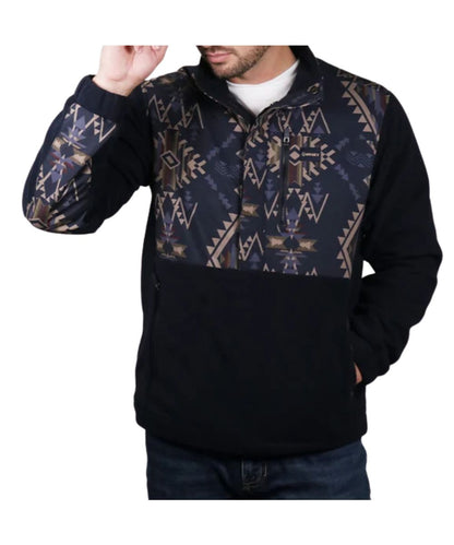 Front model view of the men's Hooey long sleeve Alamosa Tech Fleece Jacket in dark navy and aztec