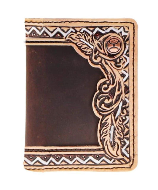 Hooey Men's Brown/Tan Bifold Wallet Featuring The War Paint Hand Tooled Feather Filigree Design