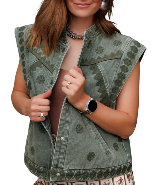 Women's Sleeveless Denim Vest In Washed Olive Featuring A Collarless Band Neckline And Western-Style Yoke Seaming Across The Chest