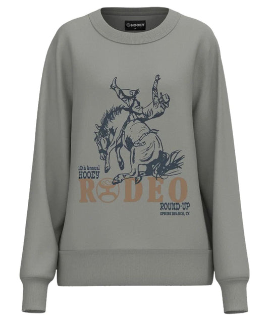 Front view of the women's gray long sleeve pullover sweater featuring the rodeo graphic screen printed on the front, crew neck, and rib knit trim