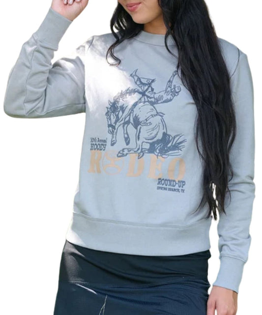 Model view of the women's Hooey Stallion Crew Pullover featuring the vintage-inspired bucking bronc and "rodeo" graphic