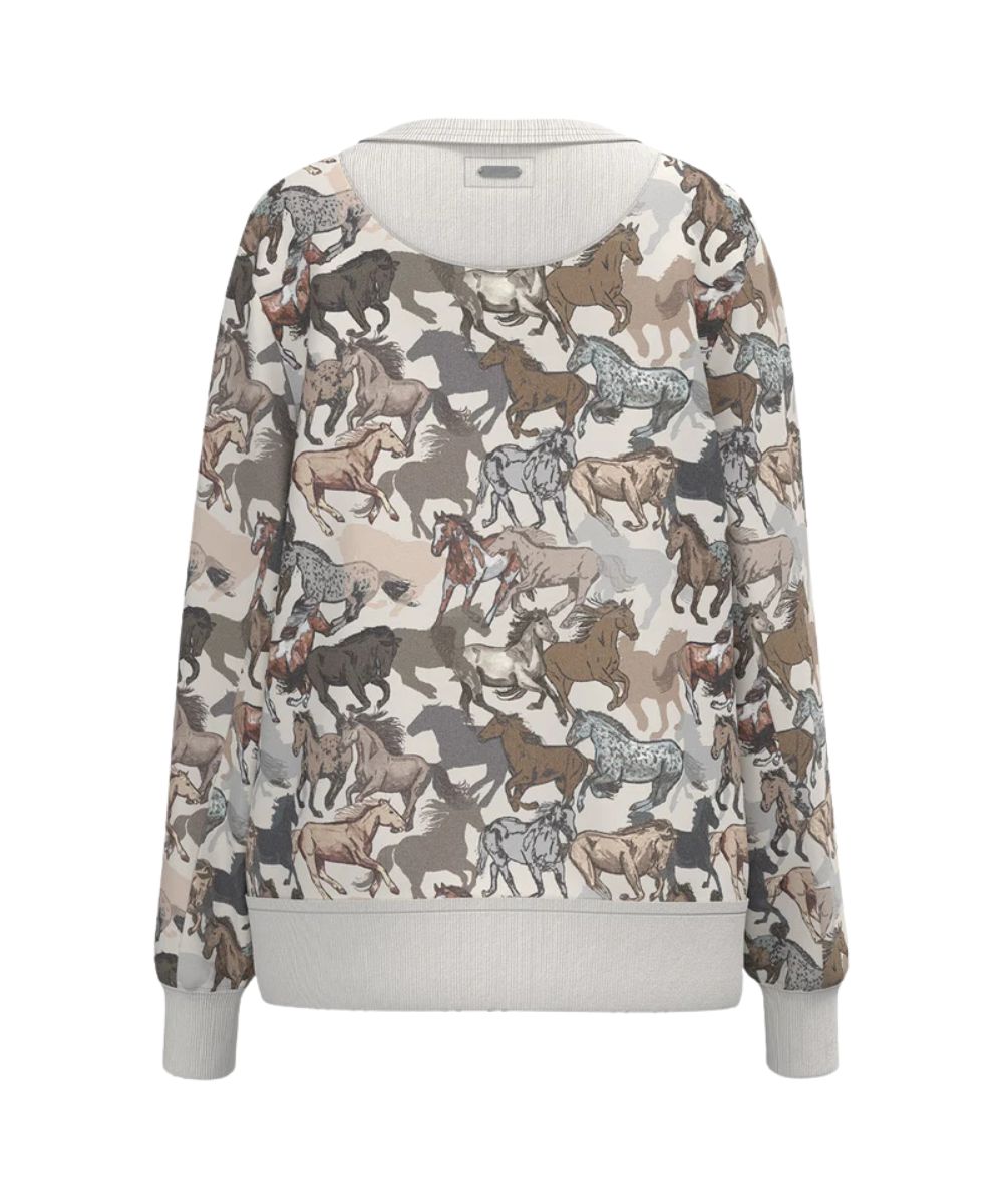 Back view of the girl's white crew neck long sleeve pullover featuring the allover horse print design and the rib knit trim