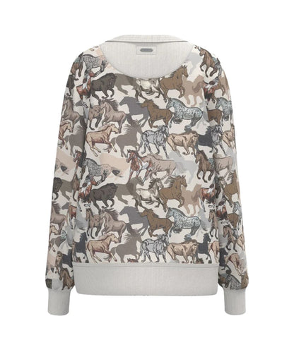 Back view of the girl's white crew neck long sleeve pullover featuring the allover horse print design and the rib knit trim