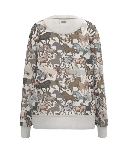 Back view of the girl's white crew neck long sleeve pullover featuring the allover horse print design and the rib knit trim