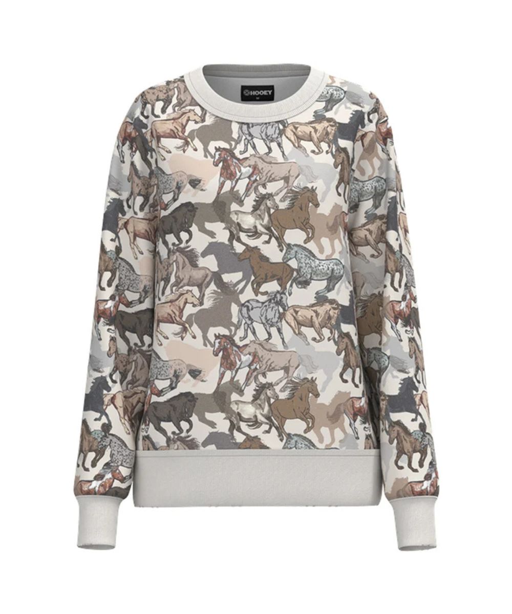 Front view of the girl's Hooey Stallion Crew Pullover White/Horse Print