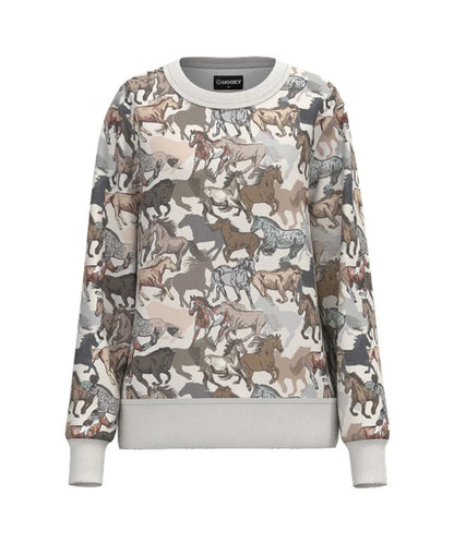Front view of the girl's Hooey Stallion Crew Pullover White/Horse Print