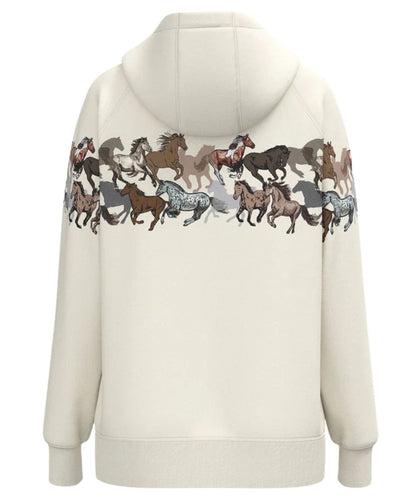 Back view of the women's athletic fit long sleeve cream hoodie featuring the running horse print across the back and sleeves, and the ribbed cuffs and hem
