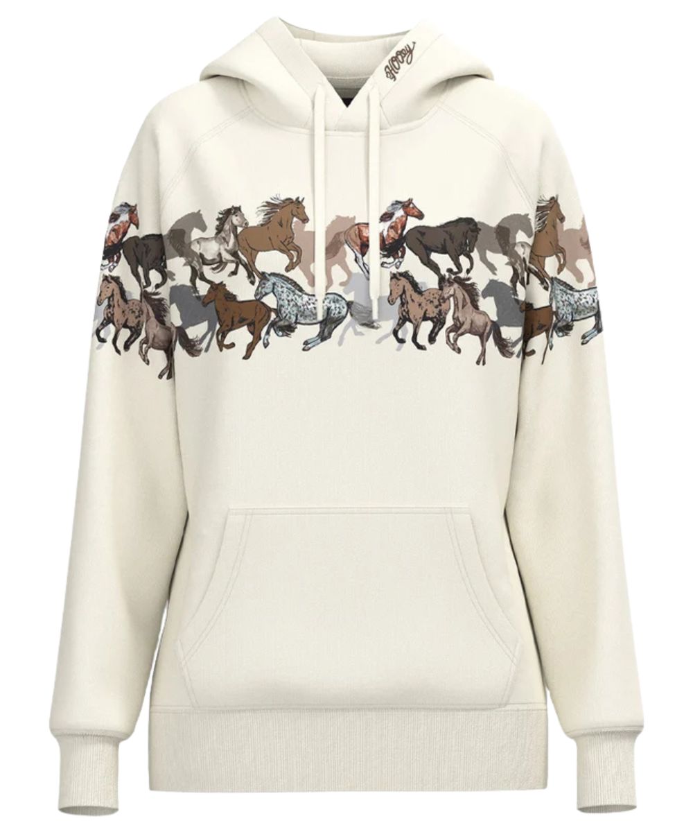 Front view of the women's cream hoodie featuring the running horses printed across the chest and sleeves, the hooded collar with logo embroidery, and the kangaroo pocket with a hidden phone pocket