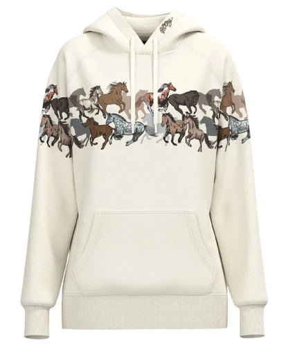 Front view of the women's cream hoodie featuring the running horses printed across the chest and sleeves, the hooded collar with logo embroidery, and the kangaroo pocket with a hidden phone pocket