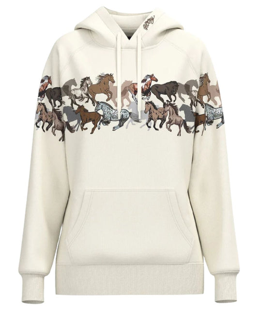 Front view of the women's cream hoodie featuring the running horses printed across the chest and sleeves, the hooded collar with logo embroidery, and the kangaroo pocket with a hidden phone pocket