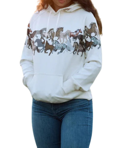 Model view of the women's Hooey Legendary Hoody Cream With Horse Print 
