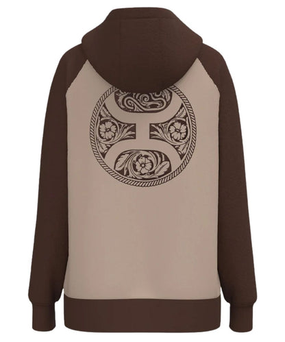 Back view of the women's tan and brown legendary hoodie featuring the  large tooled logo graphic on the back