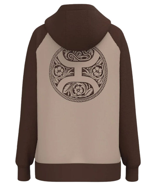 Back view of the women's tan and brown legendary hoodie featuring the  large tooled logo graphic on the back