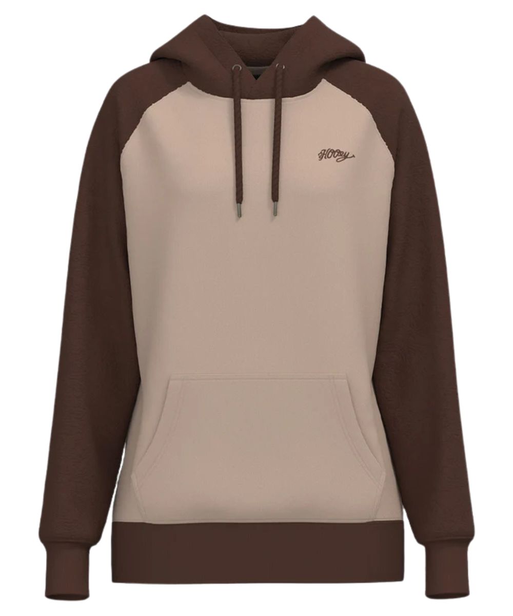 Front view of the women's Hooey Legendary Hoody Tan/Brown featuring the color blocked design with a tan body and brown tooled sleeves and hood