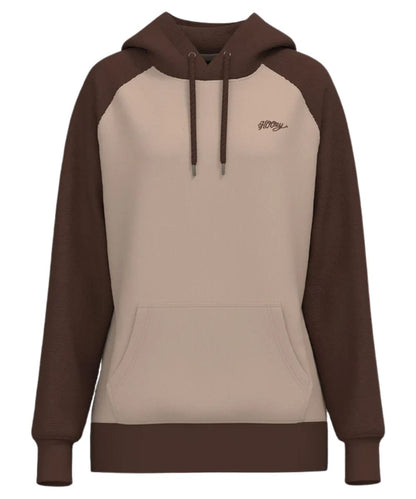 Front view of the women's Hooey Legendary Hoody Tan/Brown featuring the color blocked design with a tan body and brown tooled sleeves and hood