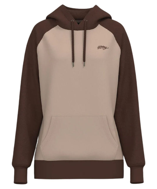 Front view of the women's Hooey Legendary Hoody Tan/Brown featuring the color blocked design with a tan body and brown tooled sleeves and hood
