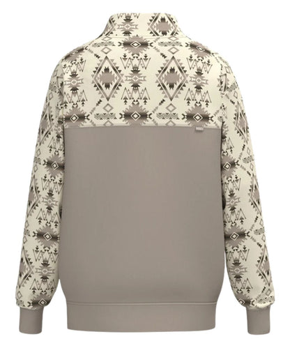Back view of the men's long sleeve pullover featuring the aztec printed yoke and sleeves