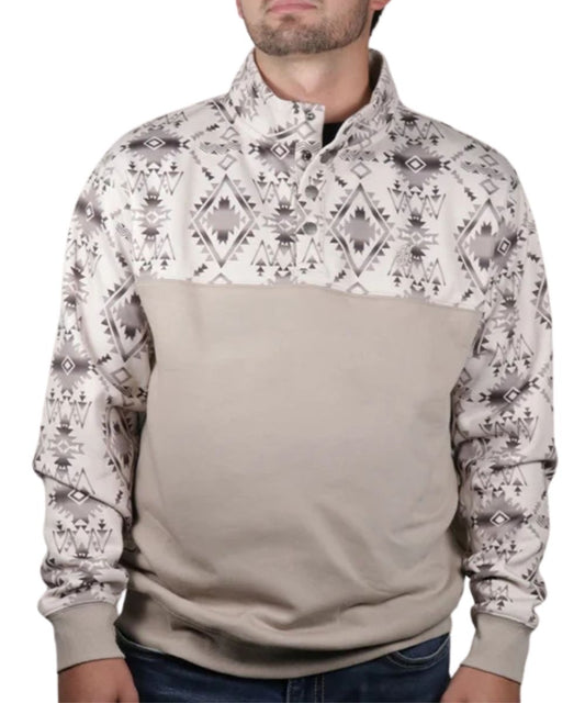 Model view of the men's Stevie Pullover Aztec/Tan featuring the 1/4 snap placket and color-blocked design