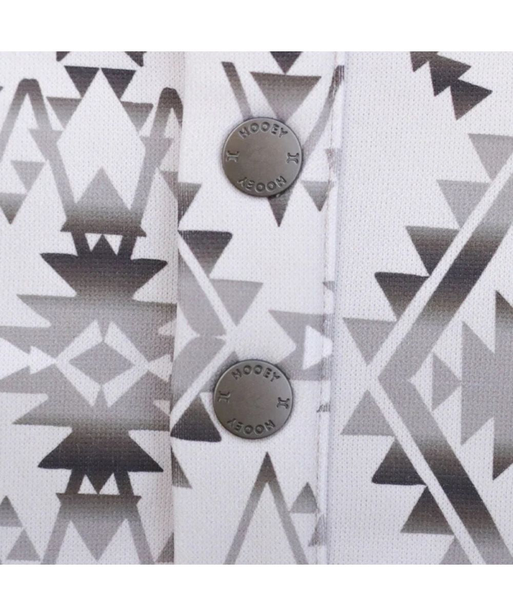Close-up view of the custom logo snaps on the 5-snap placket