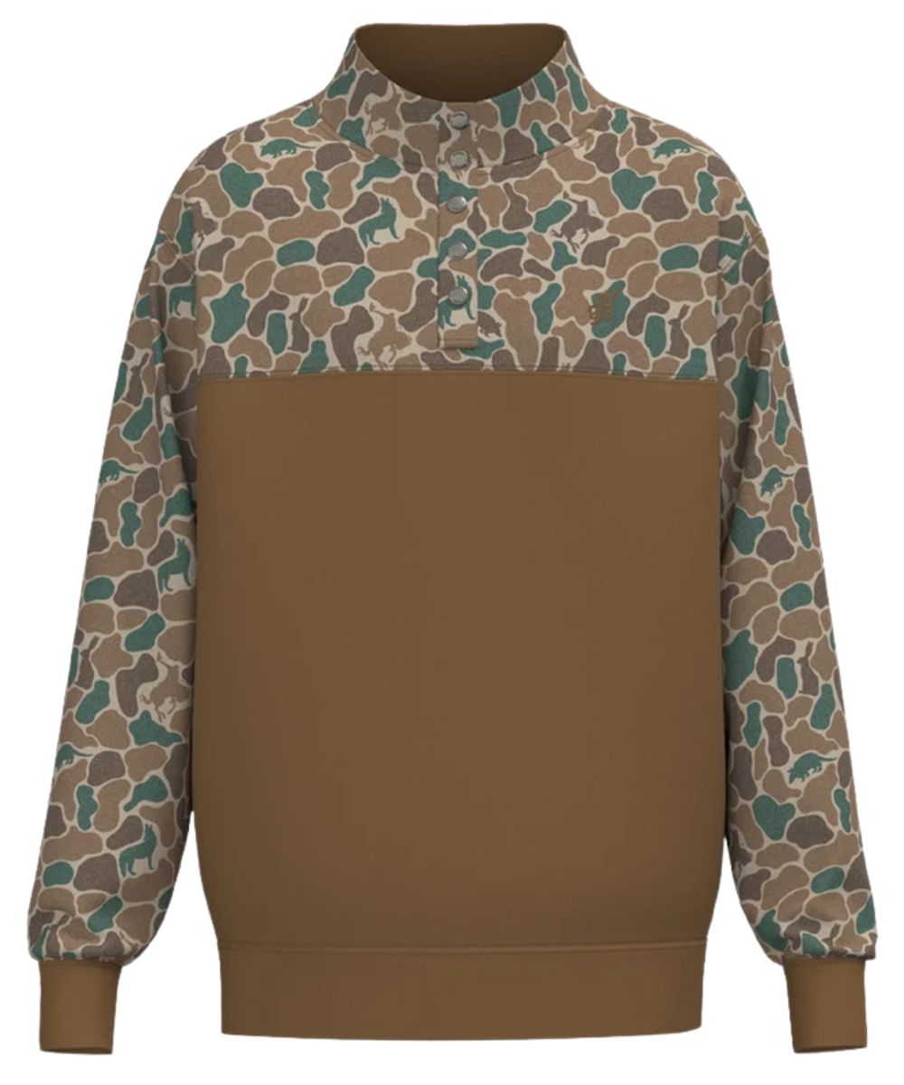 Front view of the boy's long sleeve brown pullover featuring the color-blocked design with camo yokes and sleeves, the 1/4 snap placket and logo embroidery at the chest