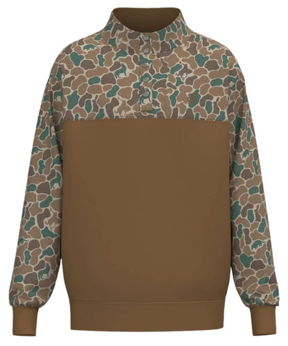 Front view of the boy's long sleeve brown pullover featuring the color-blocked design with camo yokes and sleeves, the 1/4 snap placket and logo embroidery at the chest