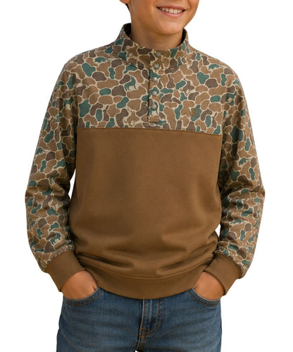Model view of the boy's brown & camo color-blocked design long sleeve pullover